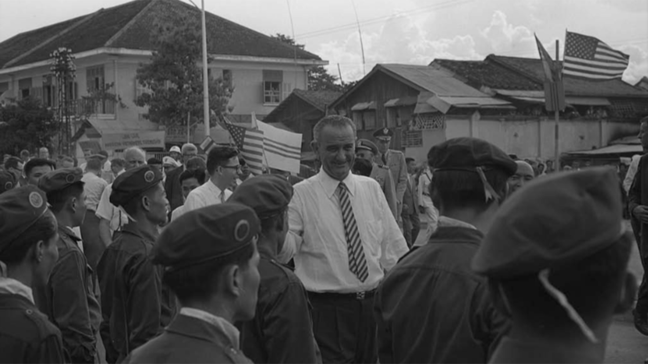 Vice-President Lyndon B. Johnson standing among group of Vietnamese soldiers and Americans during a visit to Saigon, South Vietnam. May 12, 1962. Thomas J. O’Halloran, Photographer. Source: Library of Congress, Prints & Photograph Division. http://www.loc.gov/pictures/item/2011661233. Vice-President Lyndon B. Johnson