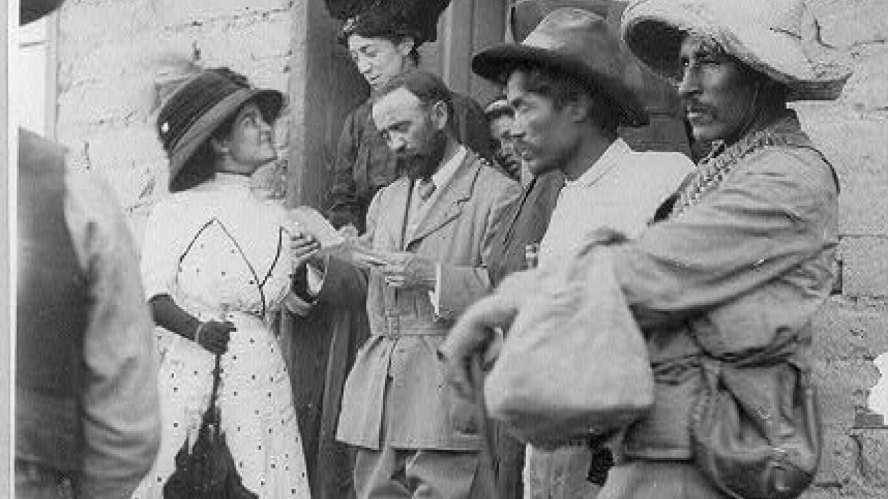 Mexican insurrection activities: Francisco Madero, with Mrs. Madero and Miss Campa, reading a peace message. Source:  Library of Congress,  https://www.loc.gov/pictures/item/2007680851/