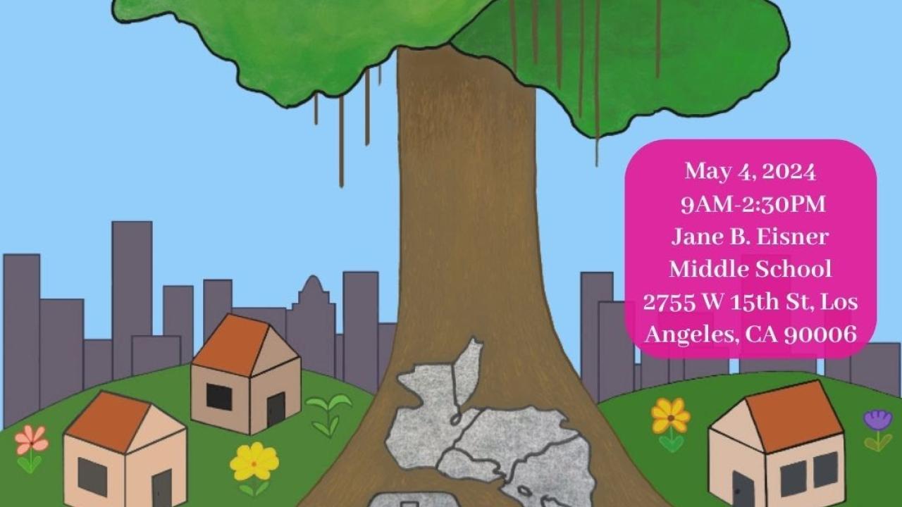 "Central American Studies Showcase" above a tree with houses underneath
