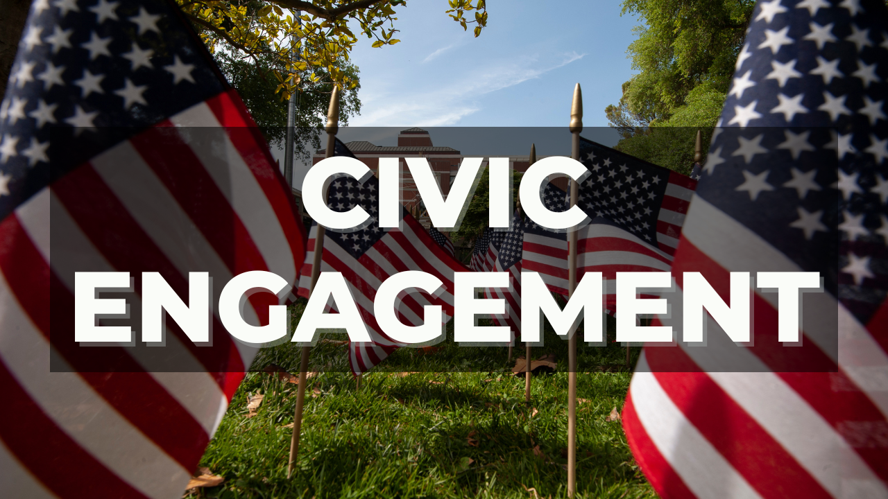 Color image of American flags on a law with a building in the far background with the words "Civic Engagement" overlaid