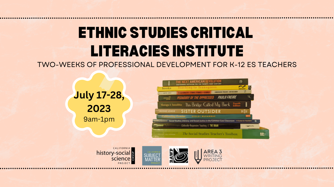 Pink background with a stack of books with the title Ethnic Studies Critical LiteraciesInstitute