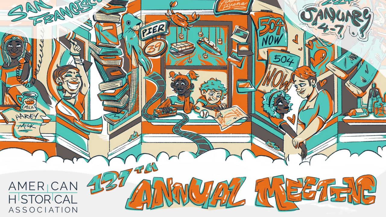 Illustrated banner in graphic art style advertising 137th meeting of the American Historical Association