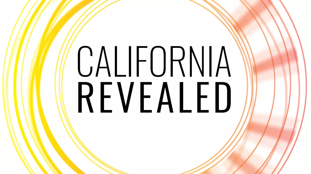 Inside of an orange and yellow bright circle are the words "California Revealed" in black font