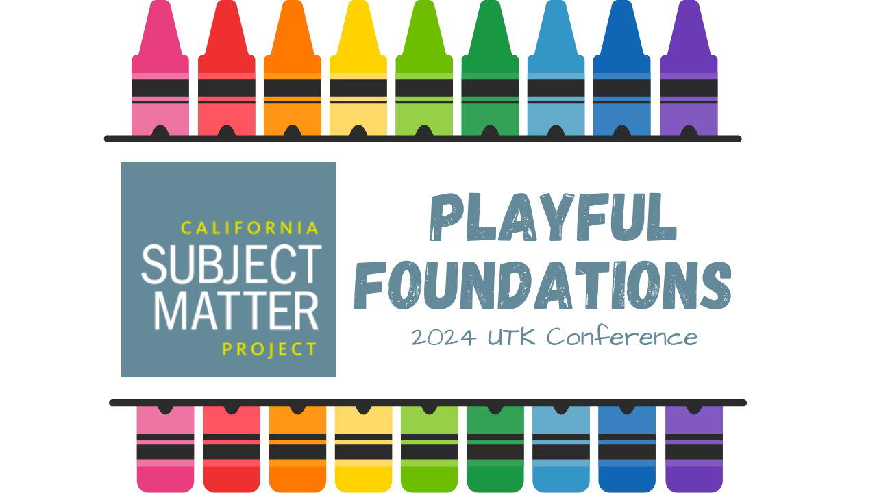 Clip art style crayons in colors pink, red, orange, yellow, light green, dark green, light blue, dark blue and purple sandwich the title of the conference in blue letters "Playful Foundations"