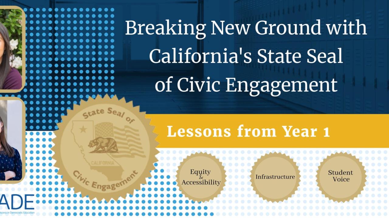 Erica Hodgin and Leah Beuso. "Breaking New Ground with California's State Seal of Civic Engagement: Lessons From Year 1." Equity & Accessibility. Infrastructure. Student Voice. LEADE logo