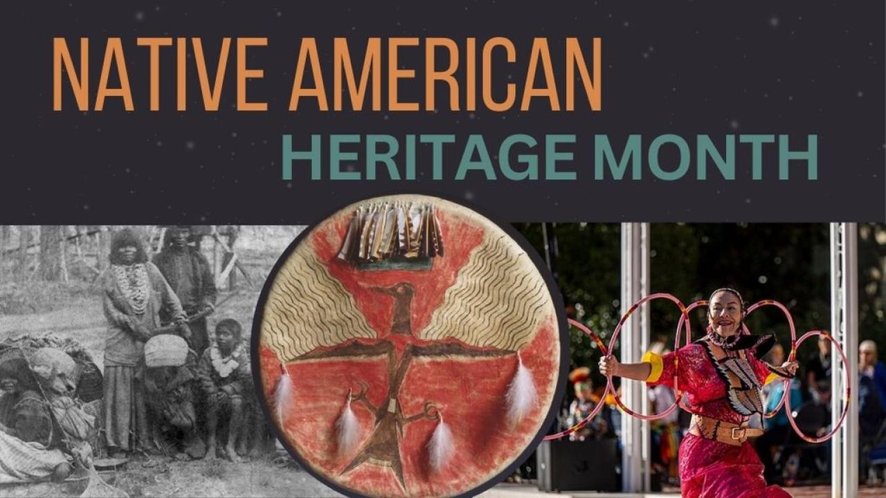 Native American Heritage Month written in orange and teal font on a black background. Underneath, both historical and modern photos of Native people are featured, along with Native American art.
