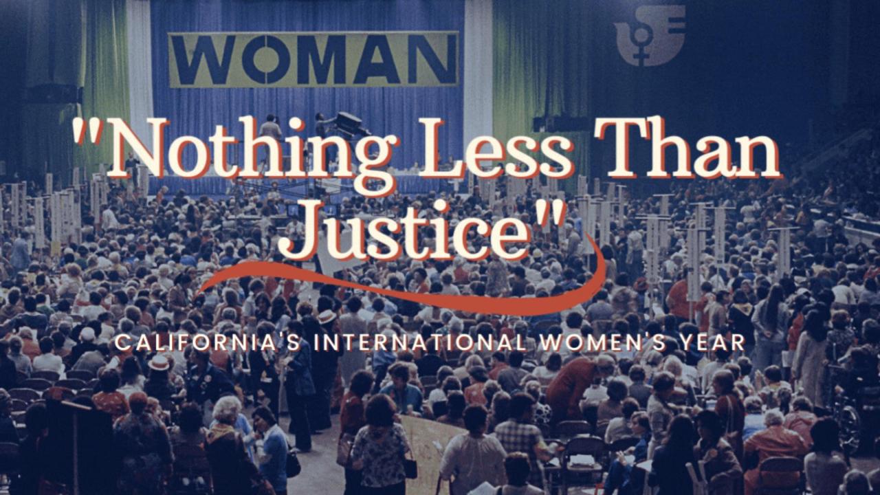 Screenshot of Nothing Less Than Justice website which shows the website title over an image of hundred of california women in front of a stage and sign reading "women"
