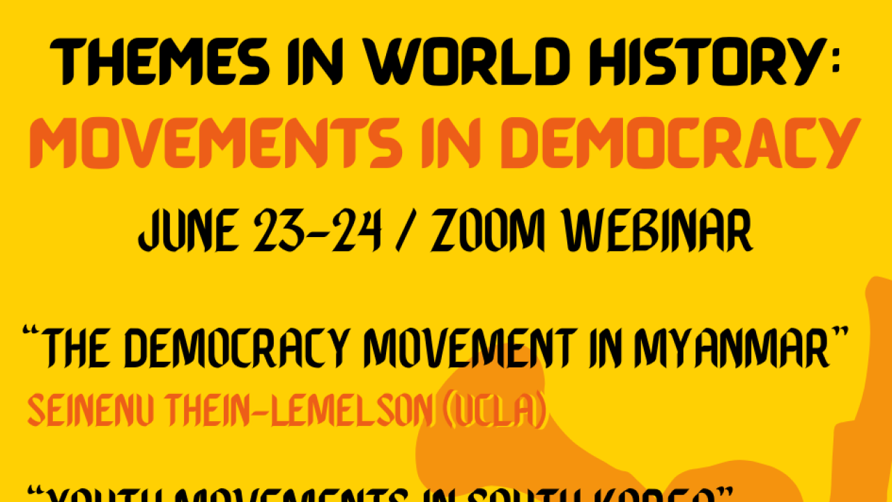 "Themes in World History: Movements in Democracy" written in black and orange font in a yellow social-media-style tile.