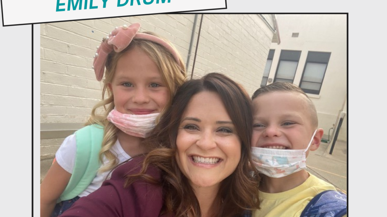Photo of Emily Drum with two children on each side. Image contains three text boxes: 1. Civics Month; 2. Emily Drum; 3. Educator Spotlight