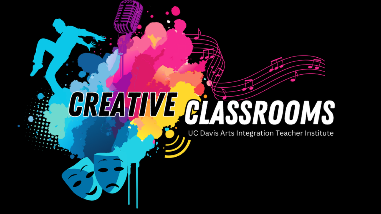 Black background with large cloud of pink, yellow, and blue in the center. Out of the cloud, we see a figure dancing, theatre masks, and a microphone. In large text in front: "Creative Classrooms," UC Davis Arts Integration Teacher Institute