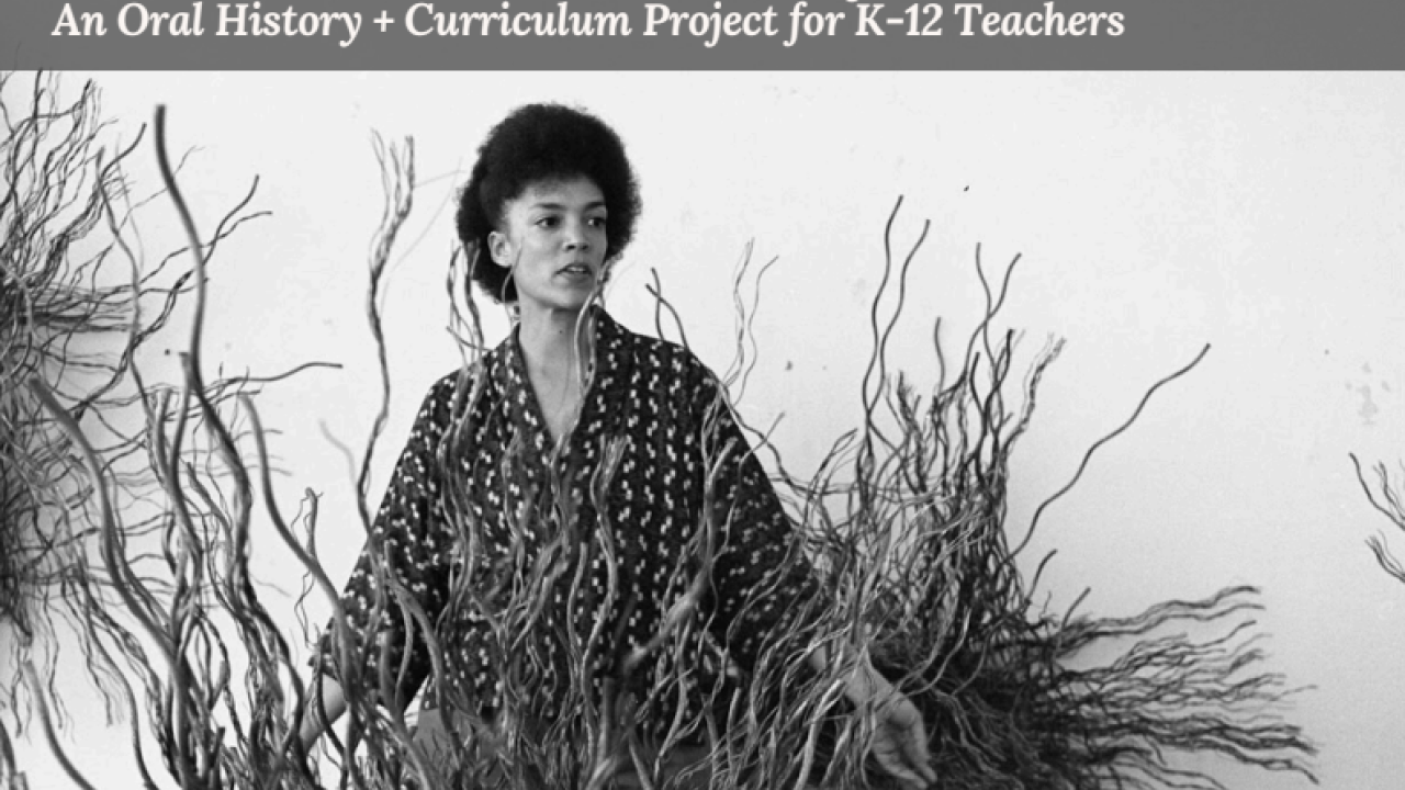 Grey blocked text at top, above a black and white photograph of Maren Hassinger by photographer Adam Avila, circa 1976. Text at top reads: Local Voices: Remembering Stories of Art, Power, and Community, An Oral History and Curriculum Project for K-12 Teachers