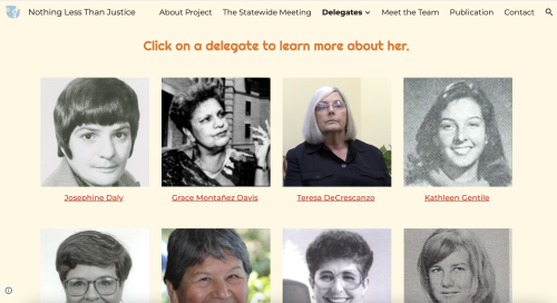 a screenshot of a webpage that includes tiled photos of women and a headline that says to click on a delegate to learn more about her