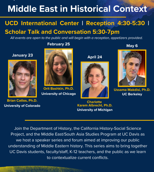 Blue background flier with information about Middle East Speakers Series