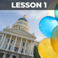 Color image of Sacramento Capitol with Blue and Yellow balloons