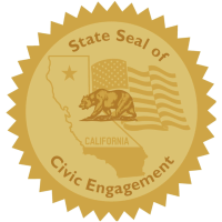 Gold Circle with the words State Seal of Civic Engagement with an outline of California and the American flaf