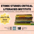 Pink background with a stack of books with the title Ethnic Studies Critical LiteraciesInstitute
