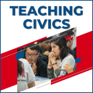 White square with a photo of students listening intently