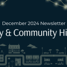 Dark blue background with faded city map at the bottom of the frame. Twinkle lights frame the words "December 2024 Newsletter Family and Community History"