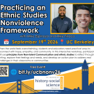 Event poster: Ethnic Studies Nonviolence Framework, two headshots, Sept 19 2026, Berkeley