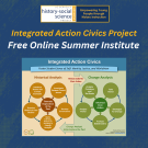 Dark blue background. At the top is the logo for the UC Berkeley History-Social Science Project. Below are the words "Integrated Action Civics Project" in yellow, then below is "Free Online Summer Institute" in white. Below that is a diagram of Integrated Action Civics in action, with an arrow chart depicting moving from Historical Analysis to Change Analysis.