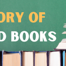 A row of books on a library shelf line the bottom of the image. In text: "A history of banned books." On the margins are caution tape.