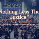 Screenshot of Nothing Less than Justice website - the text "Nothing Less than Justice" a top image of the 1977 California Women's Conference