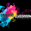 Black background with large cloud of pink, yellow, and blue in the center. Out of the cloud, we see a figure dancing, theatre masks, and a microphone. In large text in front: "Creative Classrooms," UC Davis Arts Integration Teacher Institute