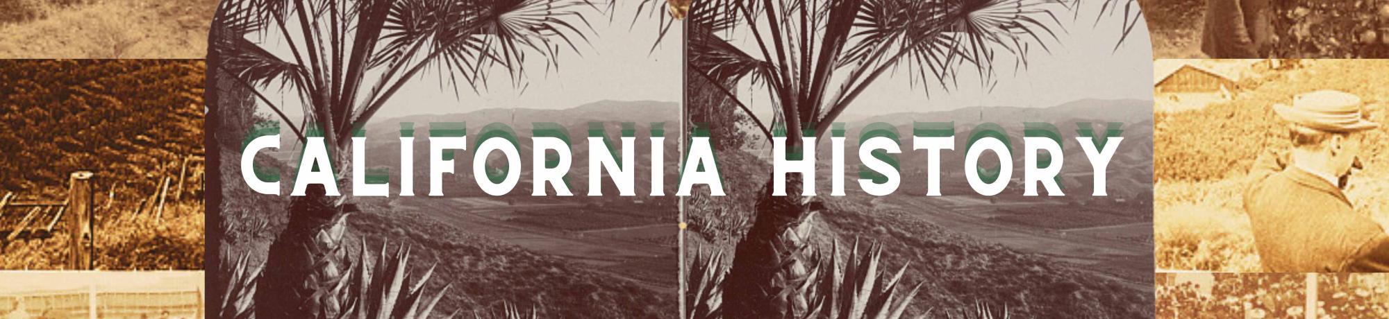 Three stereographic images of 19th century Californians and trees are below a stereograph image of palm trees above the Santa Clara valley, text reads "California History"